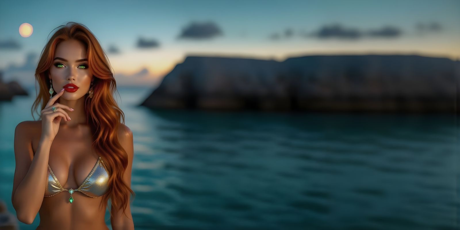 Woman with Flaming Hair and Green Eyes in Alien Ocean