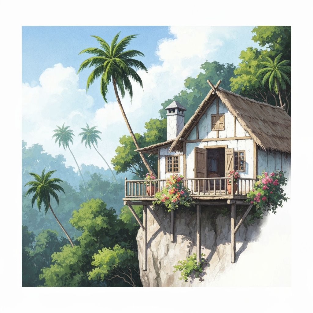 Tropical Hut Overlooking Jungle, Gouache Impressionism