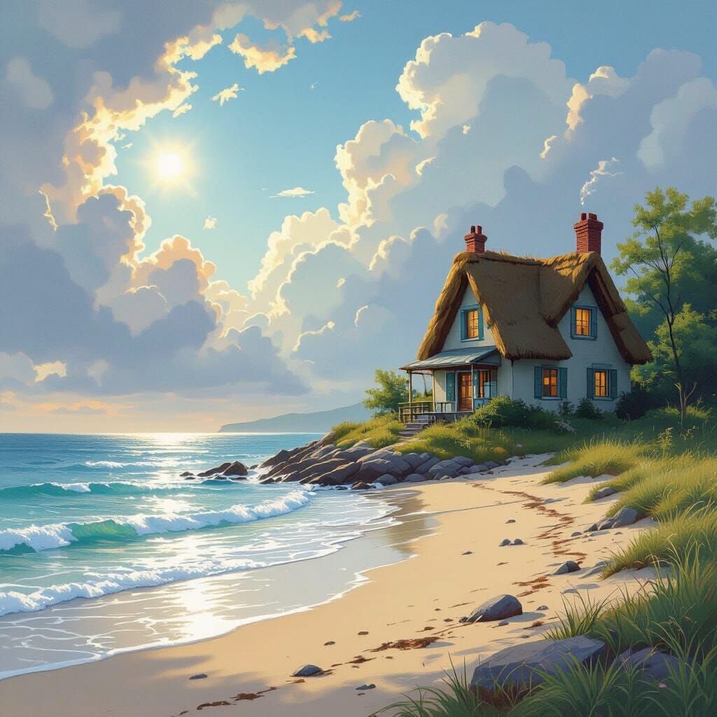 Airbrushed Cottage by a Beach in Dreamy Sunlight