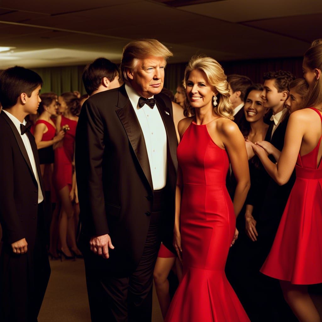 Comical Portrait: Trump in Red Dress at Prom