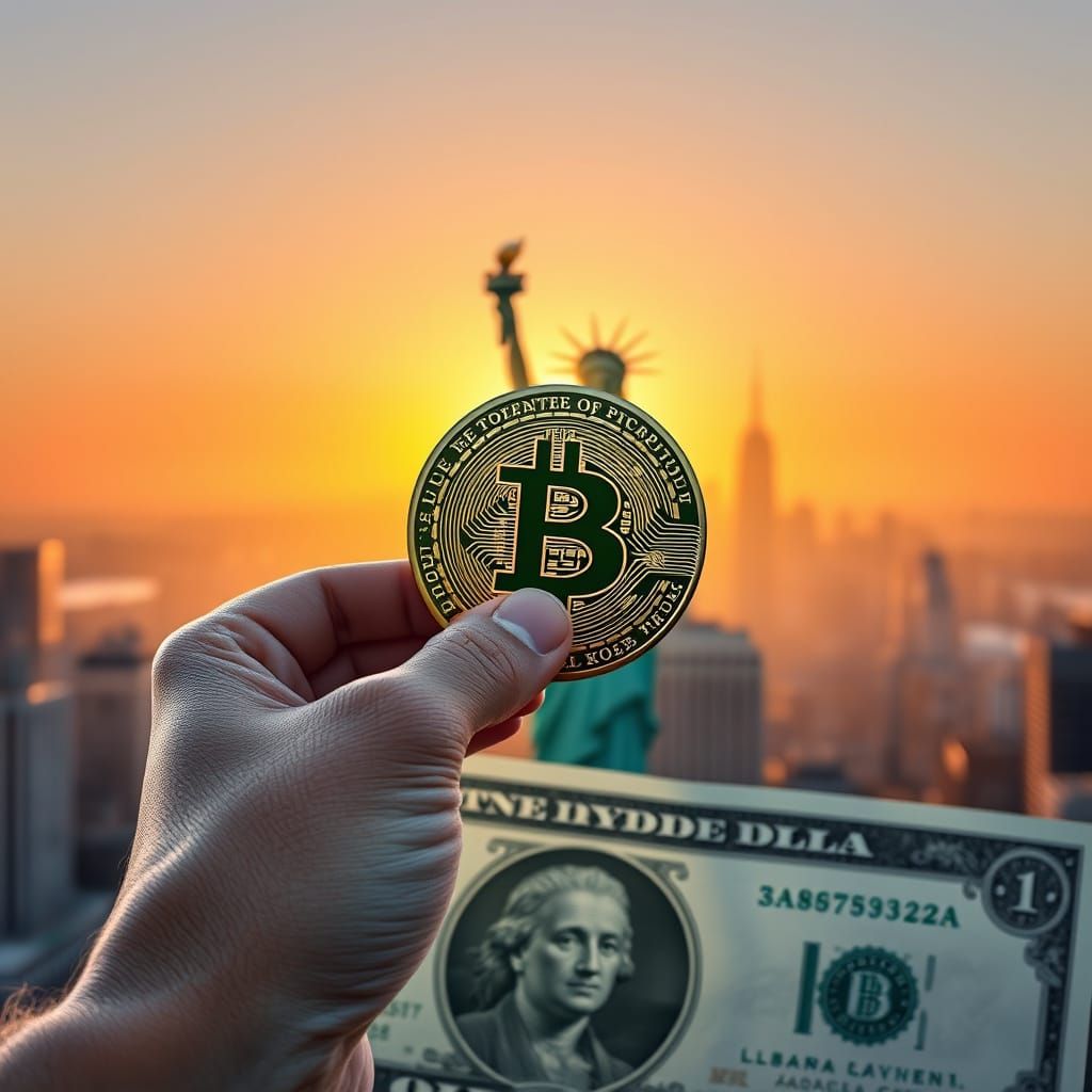 Bitcoin Dollar Bill Rising in New York Sunrise