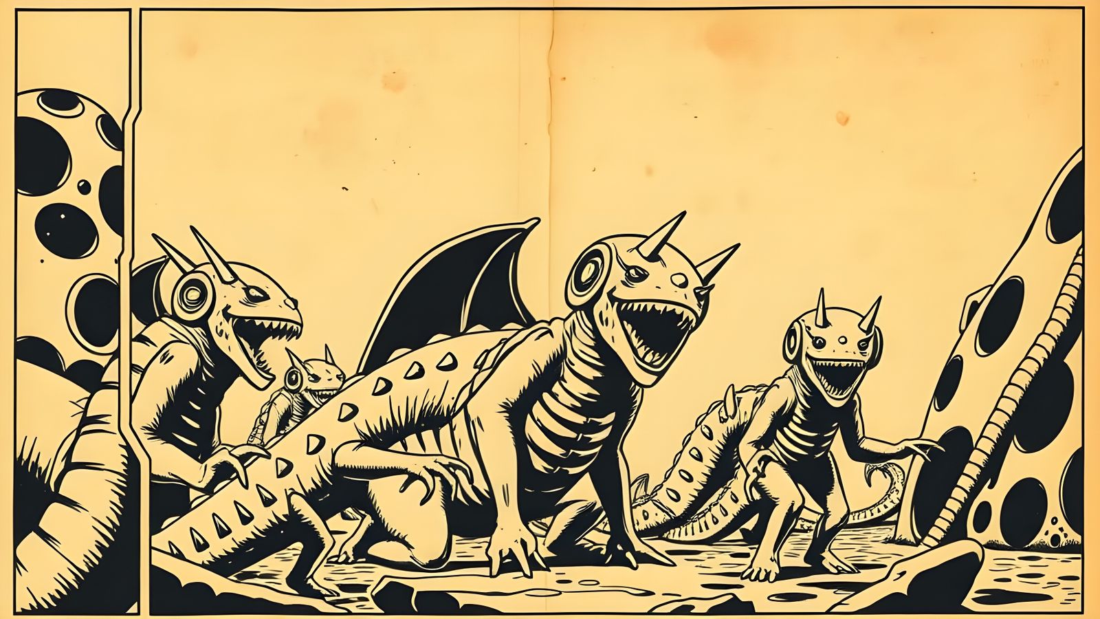 Faded Sci-Fi Comic Book Panel in Unconventional Arrangement