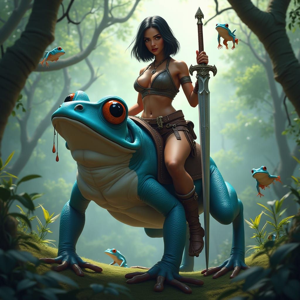 Fantastical Guardian of the Jungle, Riding a Majestic Blue T...