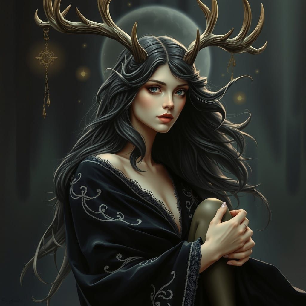 Mystical Forest Nymph with Velvet Cloak and Majestic Antlers