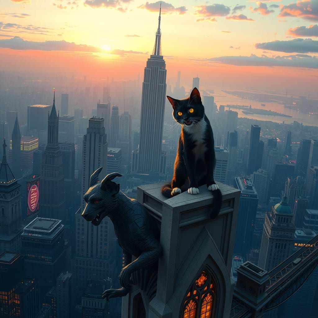 Futuristic Cat on Gothic Gargoyle in Majestic Manhattan Skys...