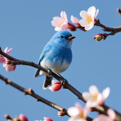 Blue Bird on Blossoming Almond Branch in Morning Light