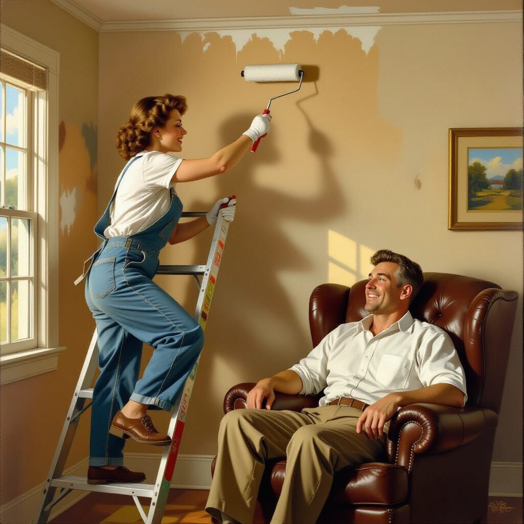 Wife Paints Ceiling While Husband Smugly Watches