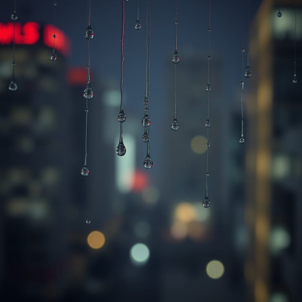Suspended Raindrops in Soft Cityscape