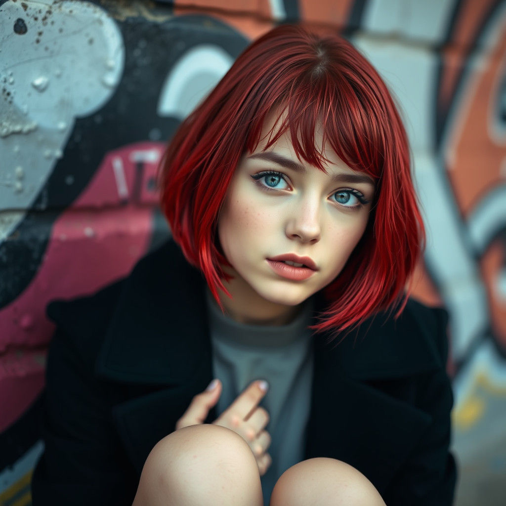 Ethereal Girl with Red Hair in Front of Graffiti