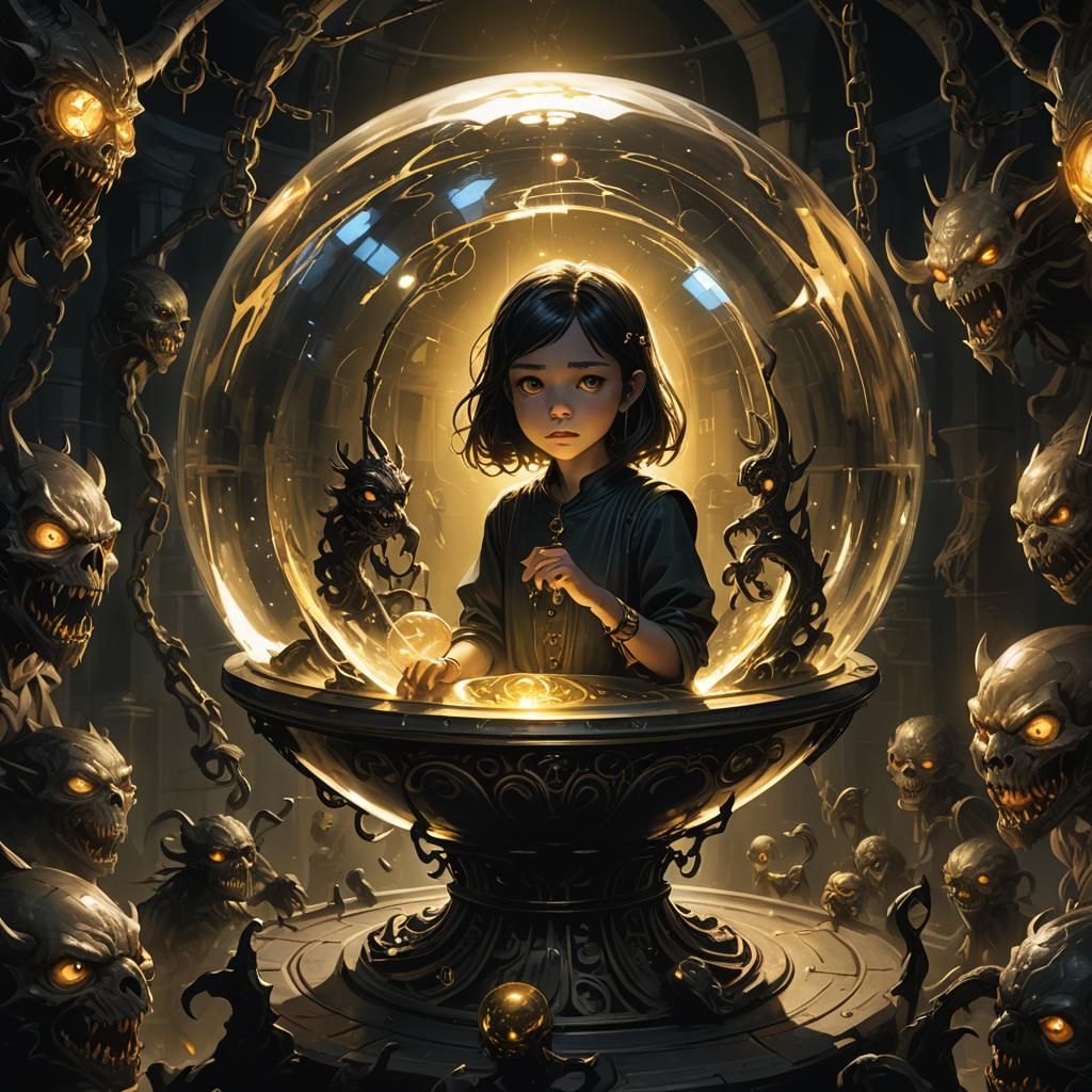Girl Imprisoned in Orb Surrounded by Demons