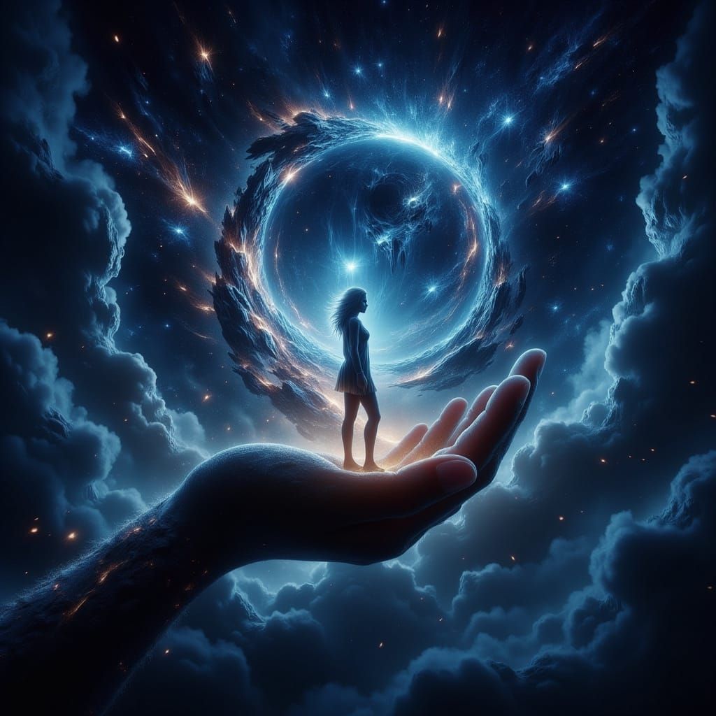 Ethereal Cosmic Dreamscape in the Palm of a Female Figure