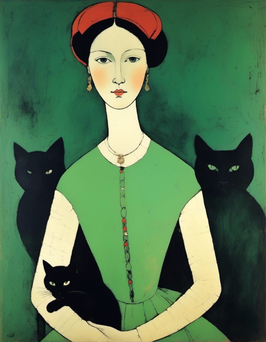 Modigliani-Style Portrait: Woman and Cat