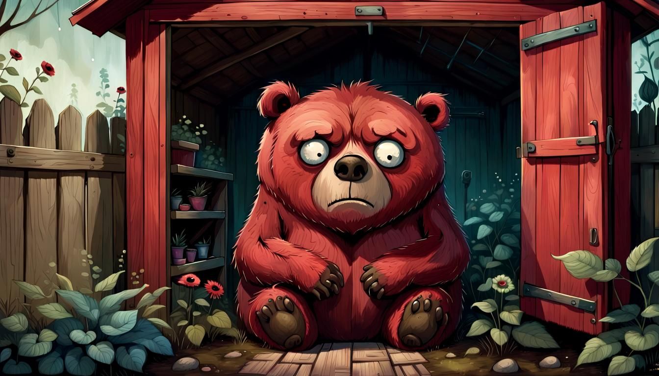 Grumpy Red Bear Sleeps in Garden Shed, Wide Eyes Frowning