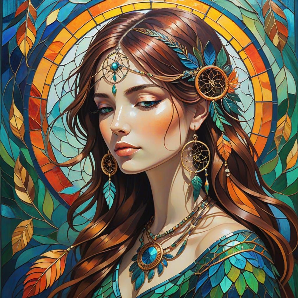 Stained-Glass Artwork of Serene Woman with Peacock Feathers