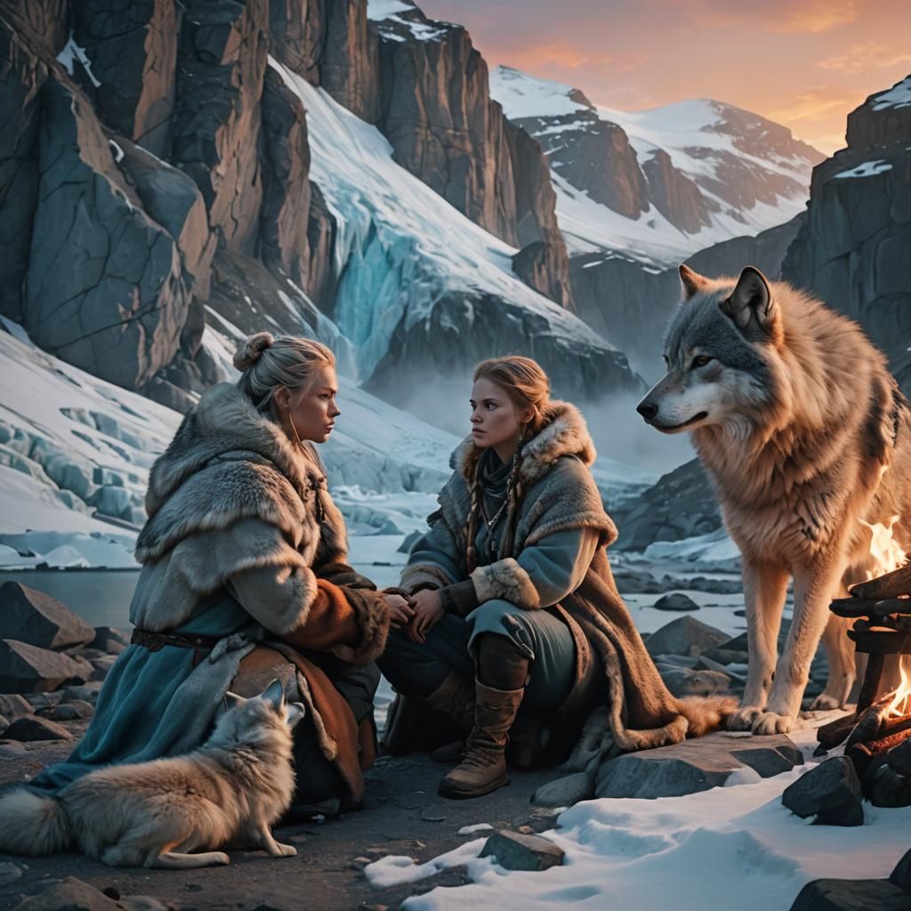 Nordic Warrior in Furs Beside a Luminous Fire in a Majestic...