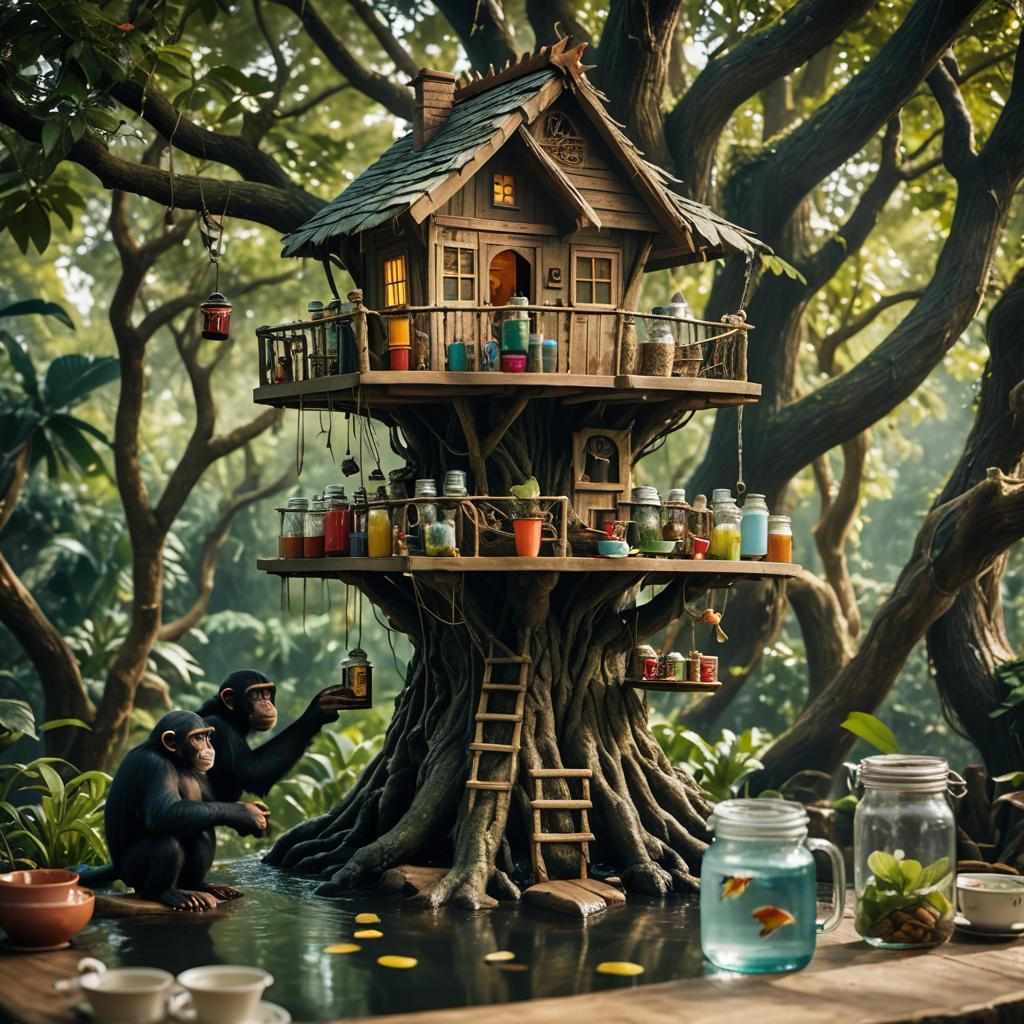 close up shot of living tree house with see thru jars of fun...