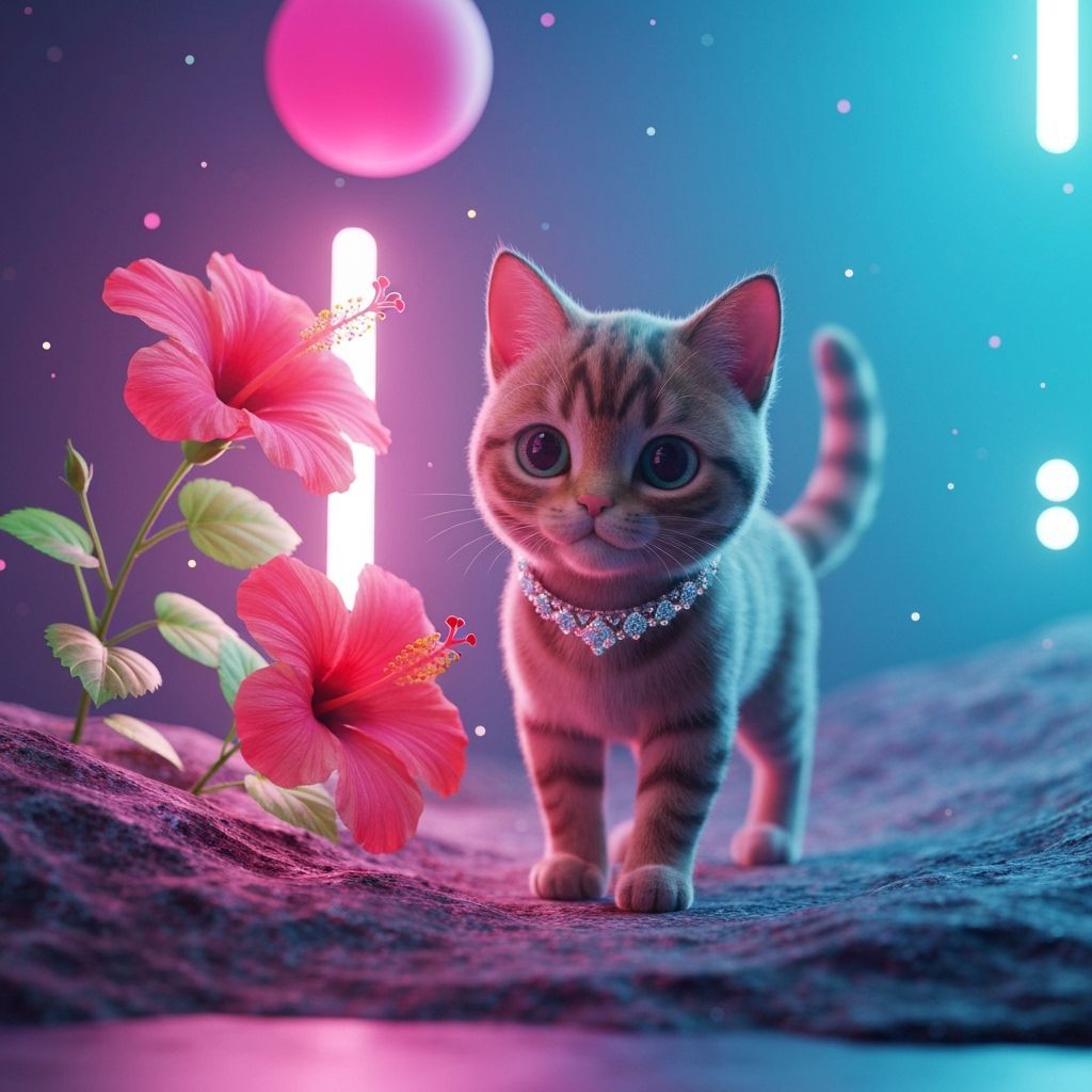 Dreamy Kitten and Hibiscus in Liminal Space