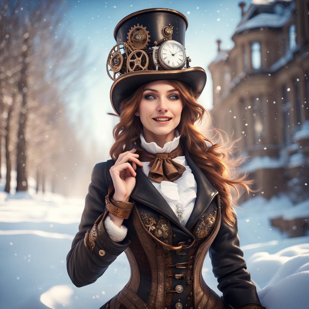 Steampunk Girl Sledding in Snowy Landscape