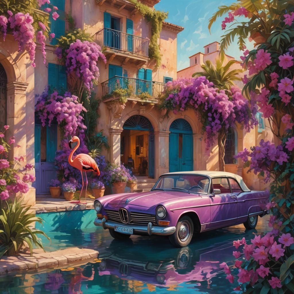 French Riviera Flamingo in Impressionist Style