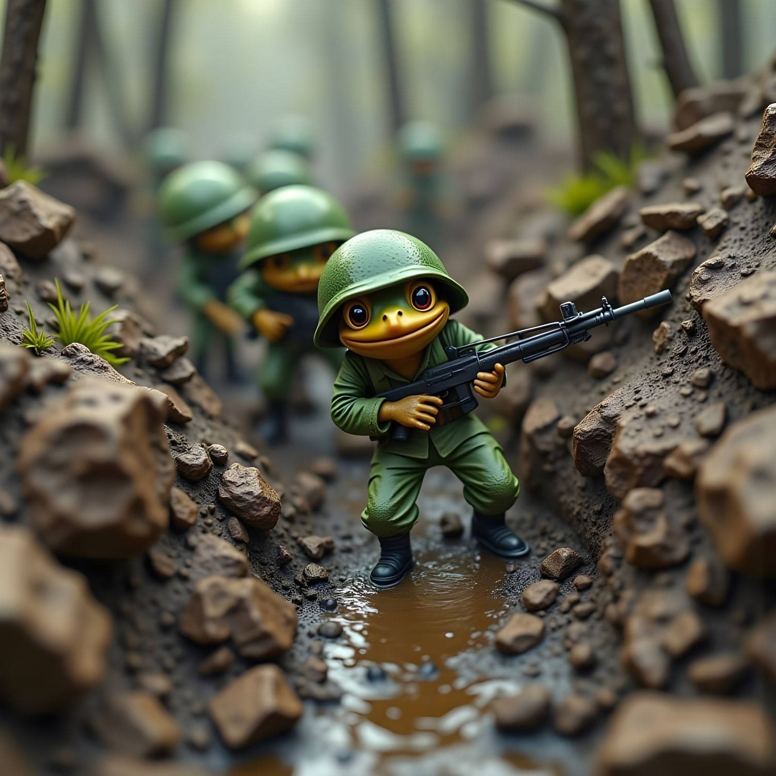 Dapper Frog Soldiers in War-Torn Landscape
