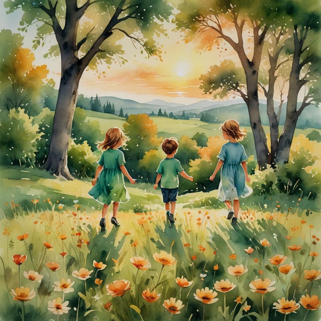 Children Playing in Meadow, Watercolor Painting
