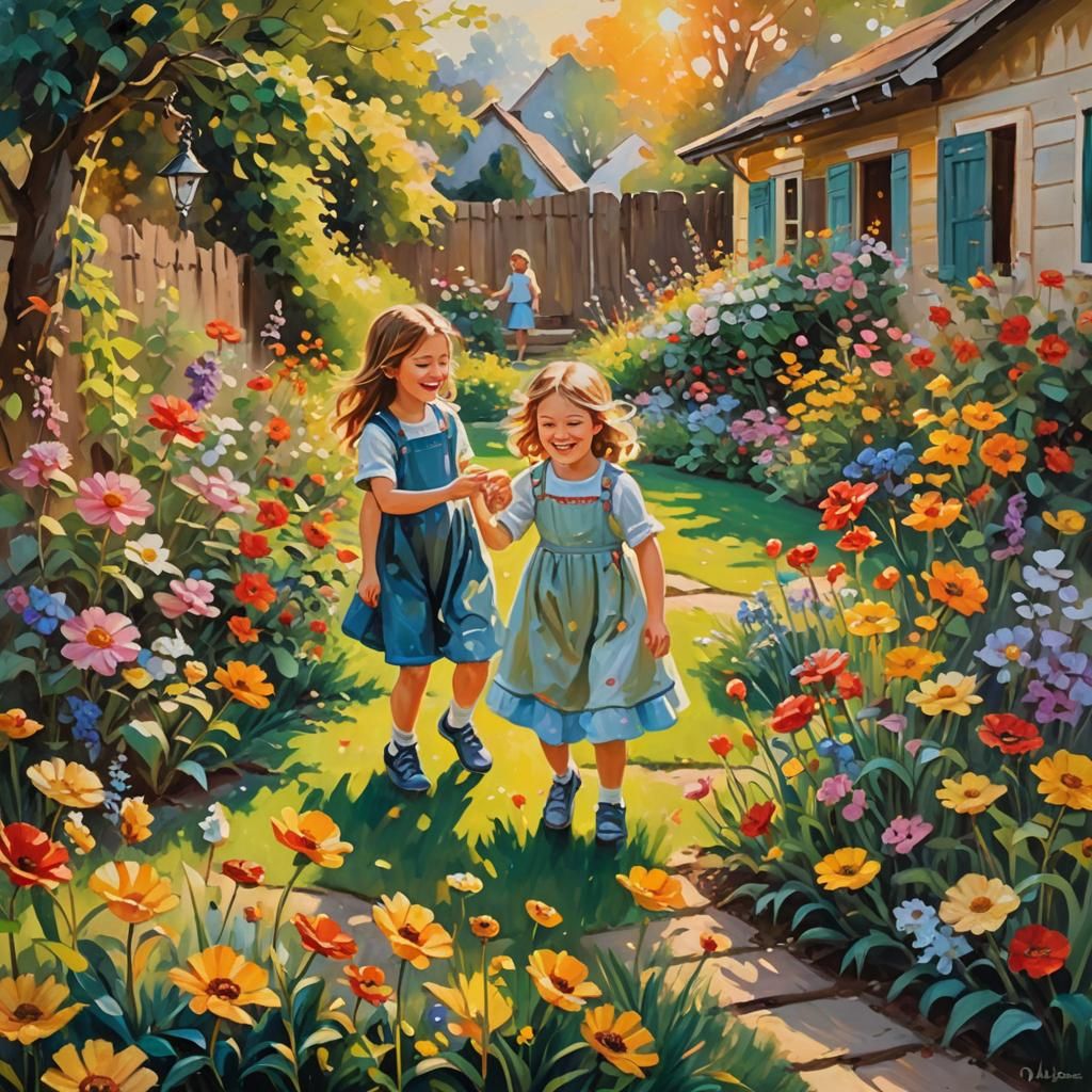 Children's Joyful Playtime: An Impressionistic Oil Painting