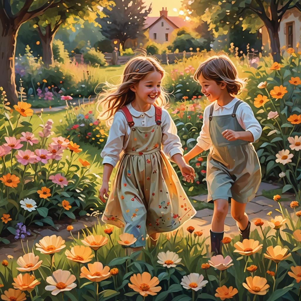 Children's Garden at Sunset: Impressionist Digital Painting