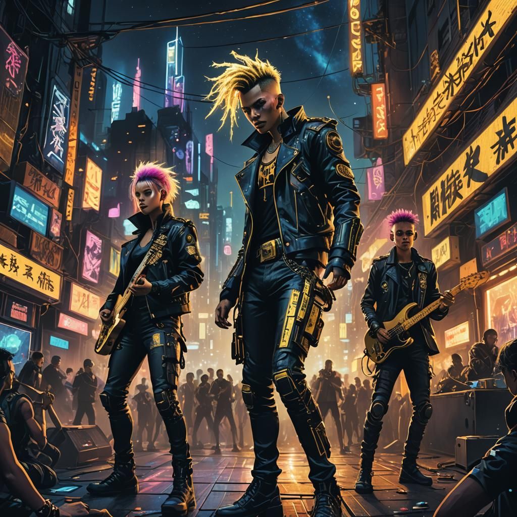 Cyberpunk Rockers Perform in Neon Cityscape