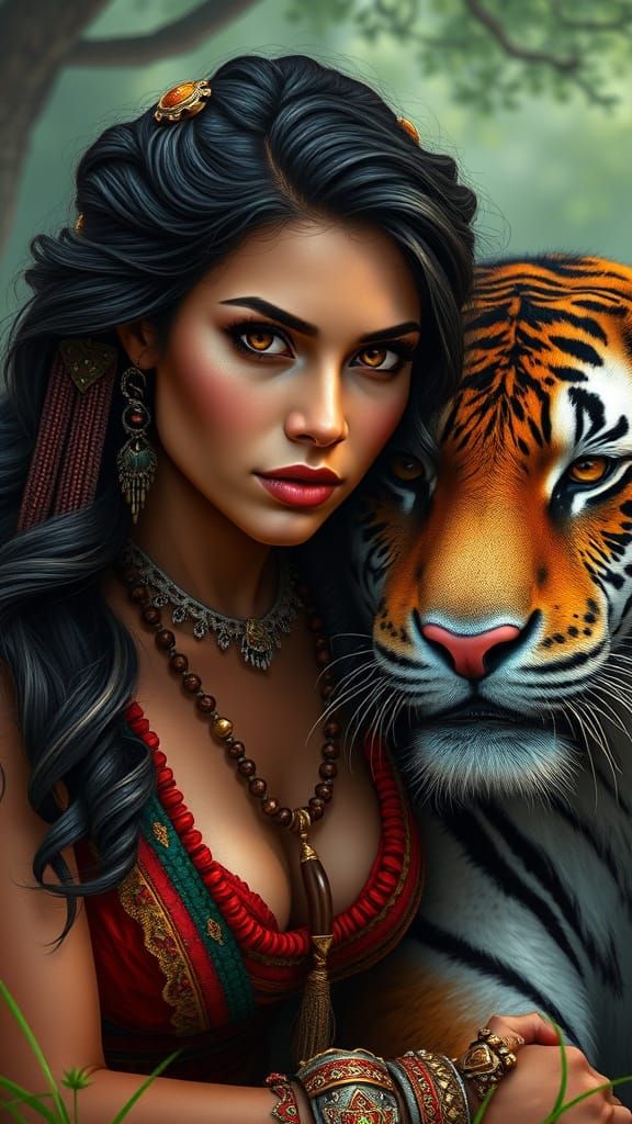 Amazonian Warrior in Vibrant Tribal Attire with Majestic Tig...