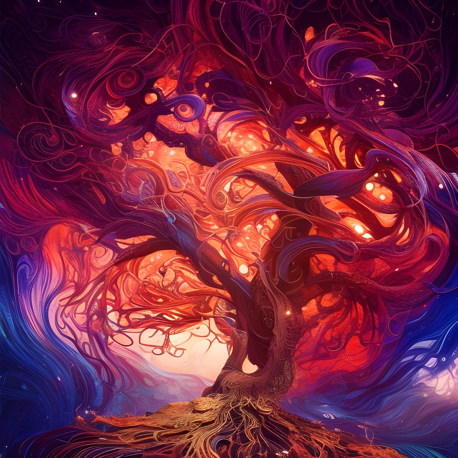 Flaming World Tree: Hyperdetailed Gouache Illustration