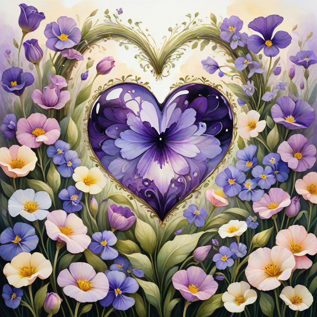 Whimsical Amethyst Gemstone Amidst Blooming Flowers in a Dre...