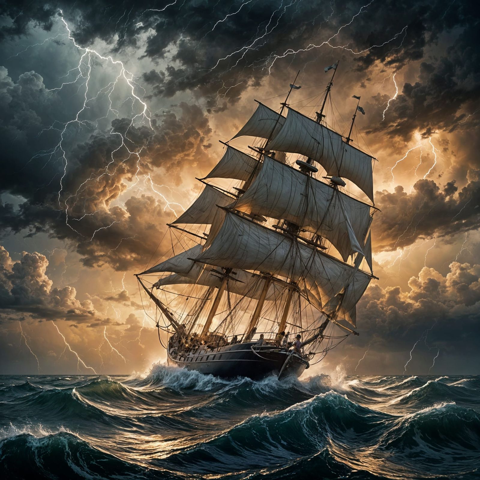 Sailboat Navigating High Seas During a Lightning Storm