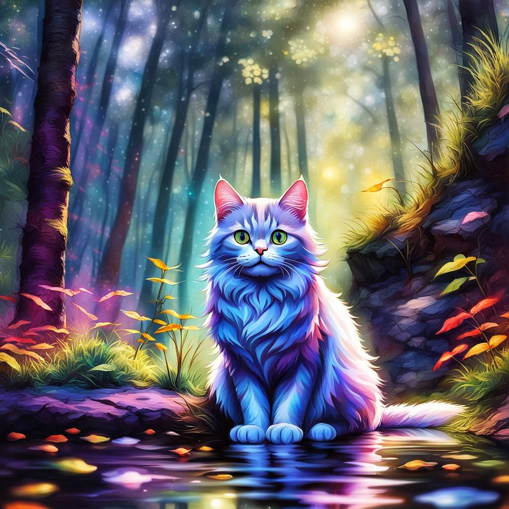 Fluffy Kitten by Forest Stream: Detailed Digital Painting