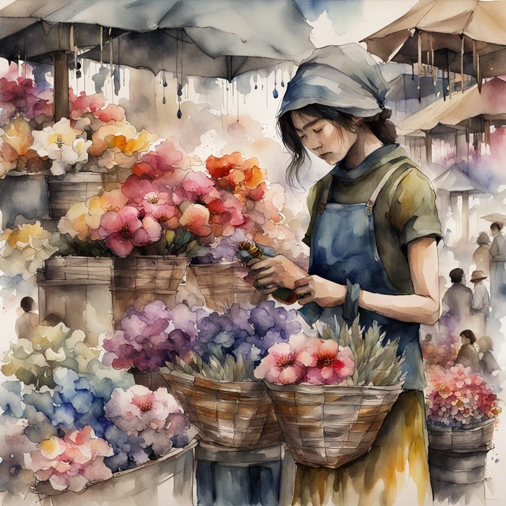 Flower Seller at Market: Watercolor and Ink Masterpiece