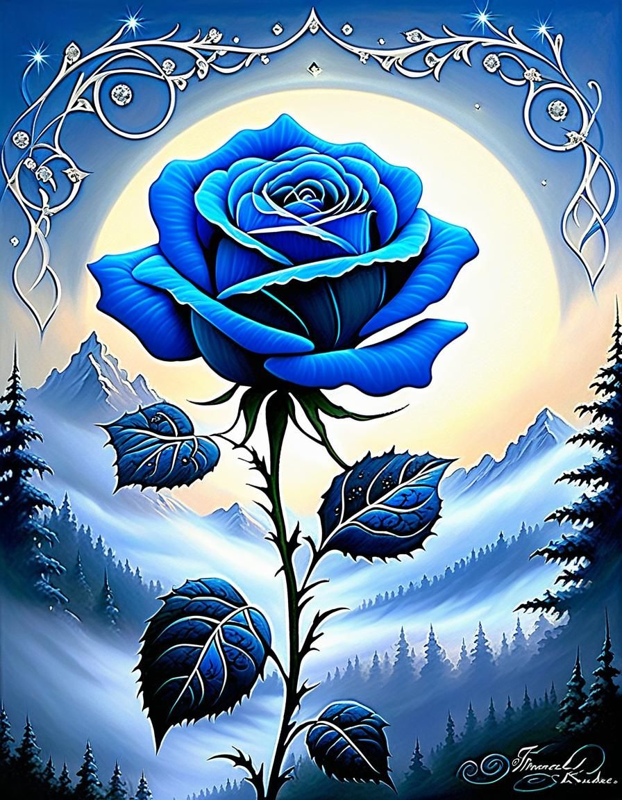 Diamond-Studded Blue Rose in String Art Style