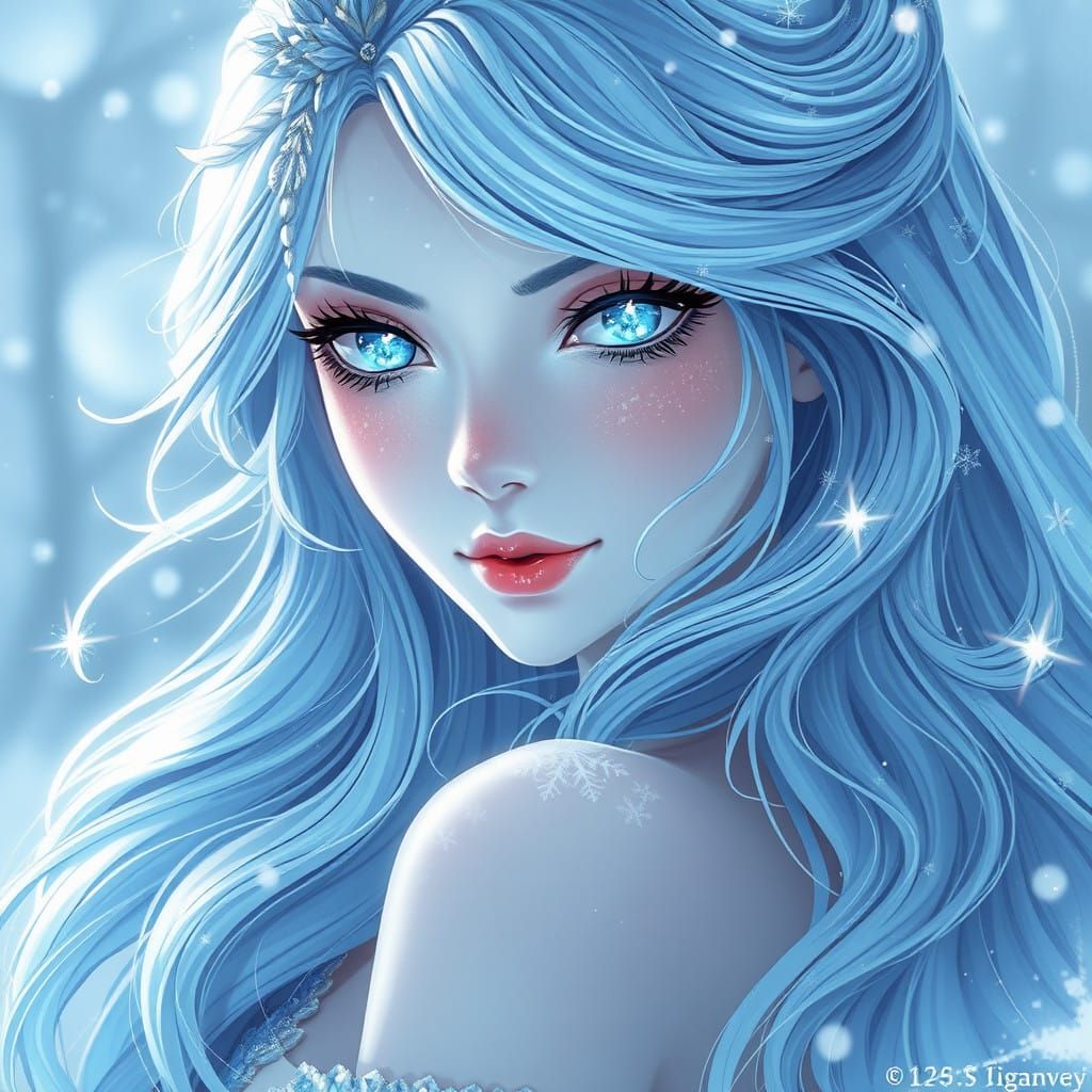 Ethereal Winter Goddess with Frosty Eyes in 3D Anime Style