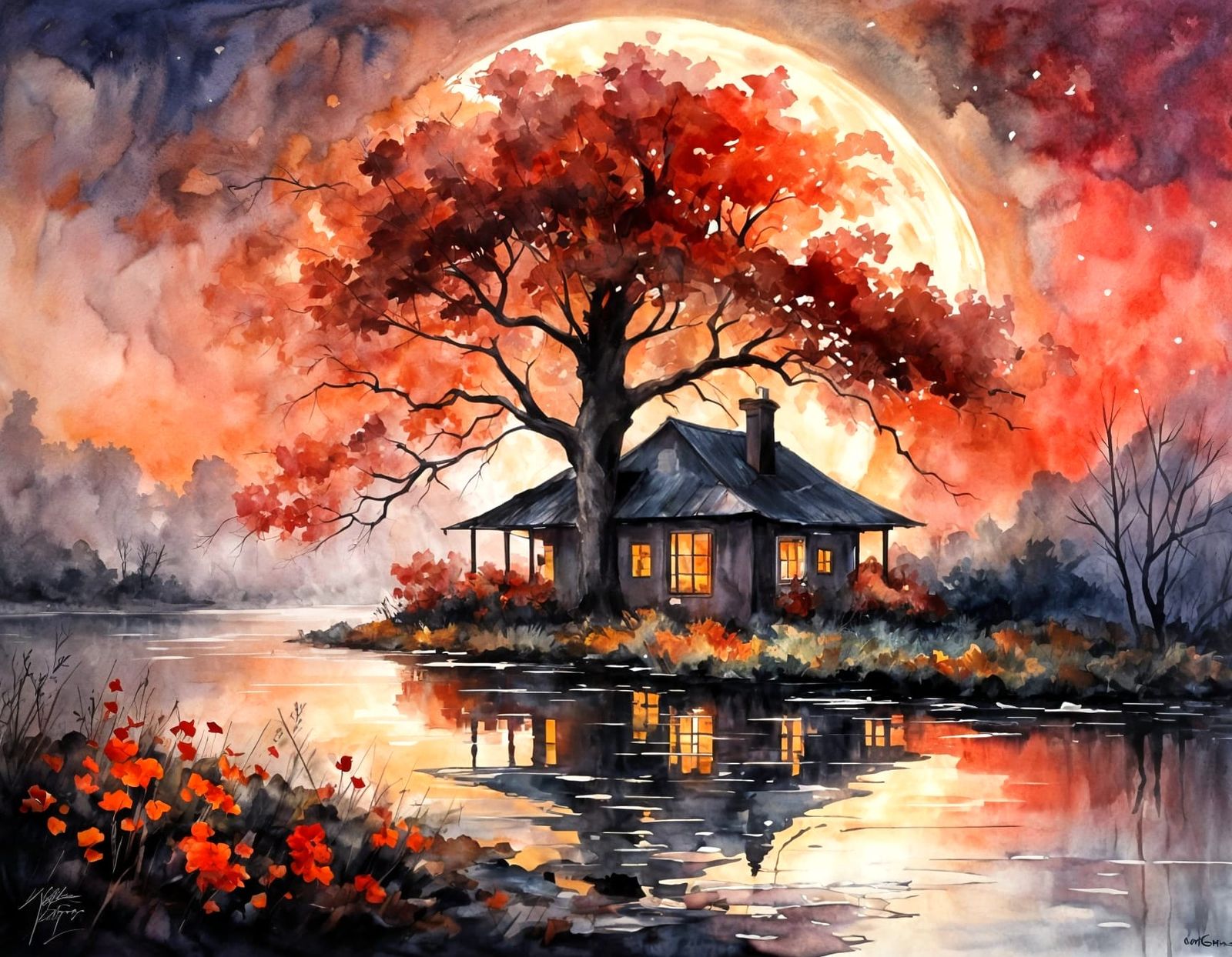 Magical Forest Watercolor with Celestial Sky and Moon