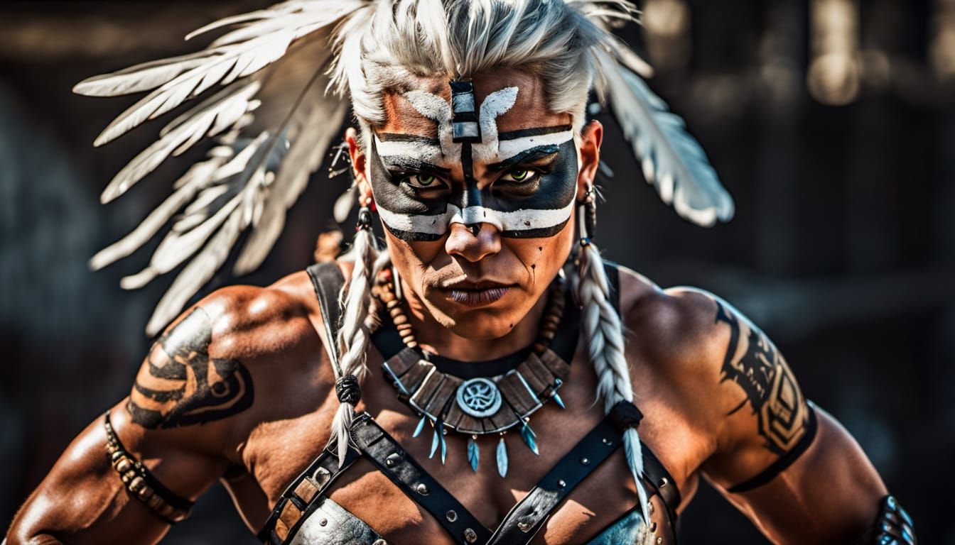 Amazonian Warrior with White Hair in Basquiat Style