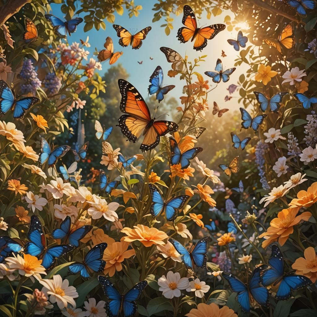 The image features a vibrant and lush butterfly garden, with a variety of butterfly species fluttering amidst the foliag...