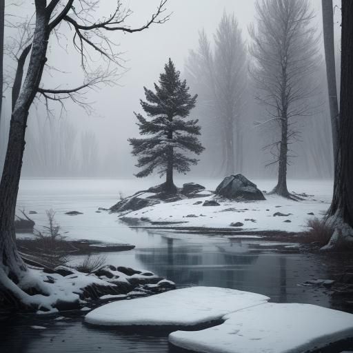 Sinister Bloody River in Snowy Winter Landscape