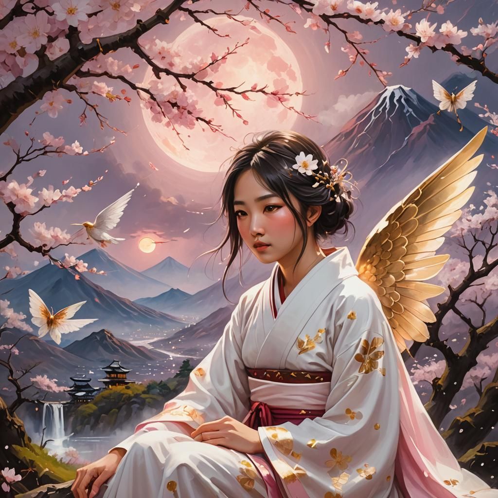 Japanese Girl with Angel Wings in Cherry Blossom Field