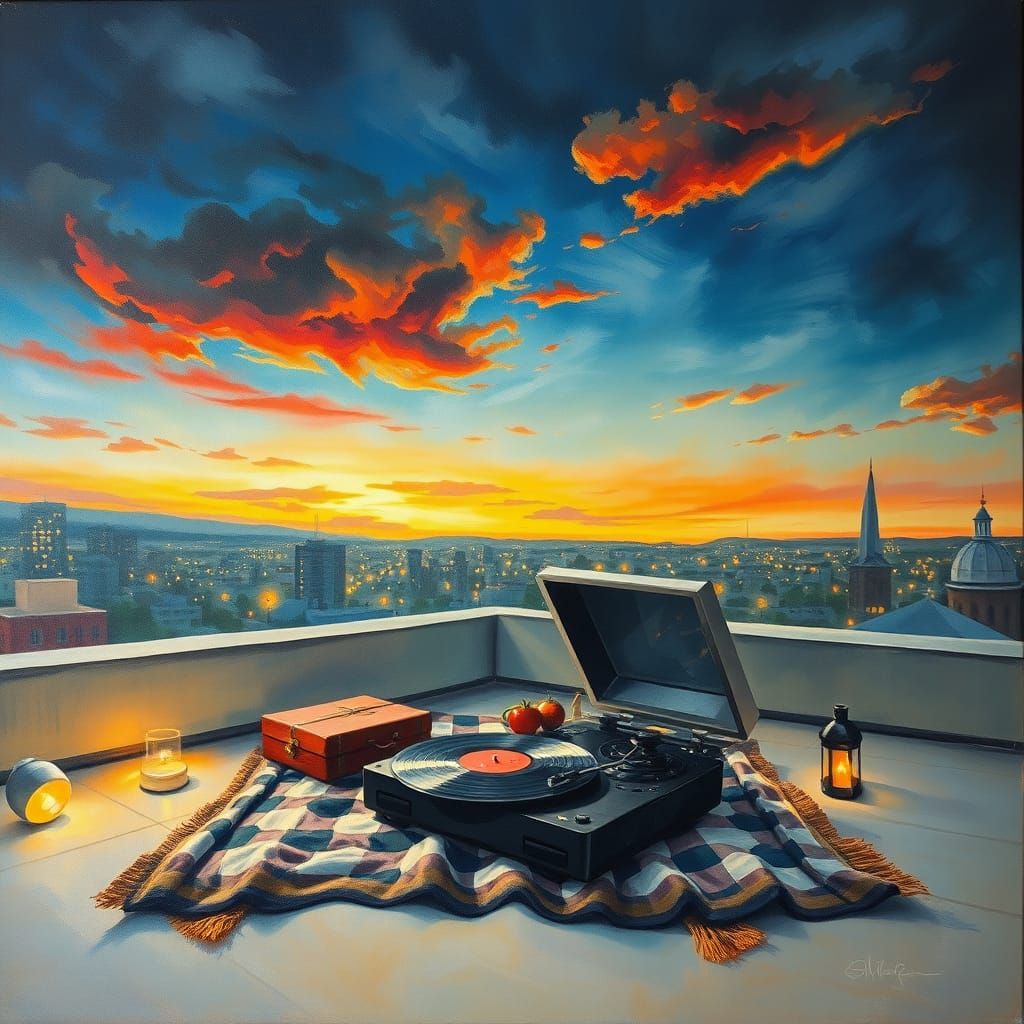 Surrealist Rooftop Serenade in Watercolor Dreamscape