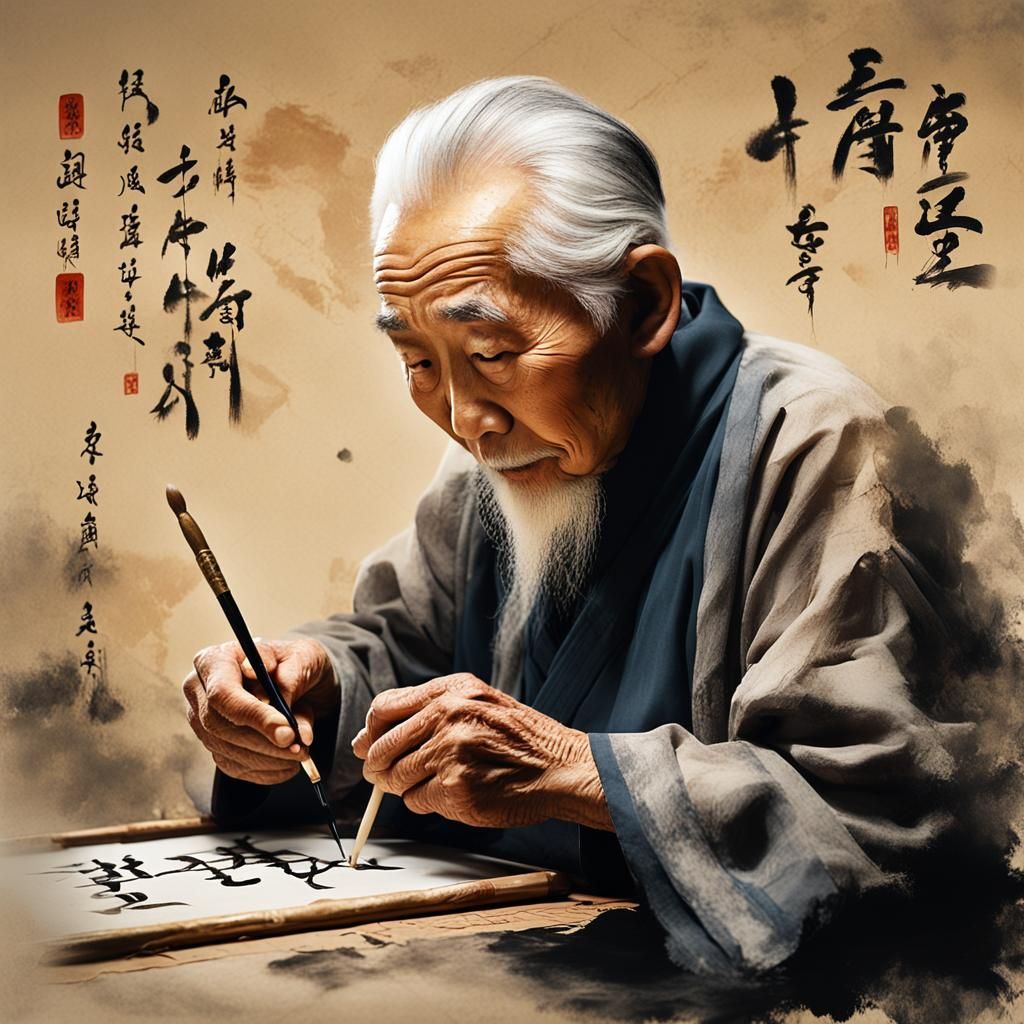 Calligraphy Master Writing Hieroglyphs on Silk Parchment