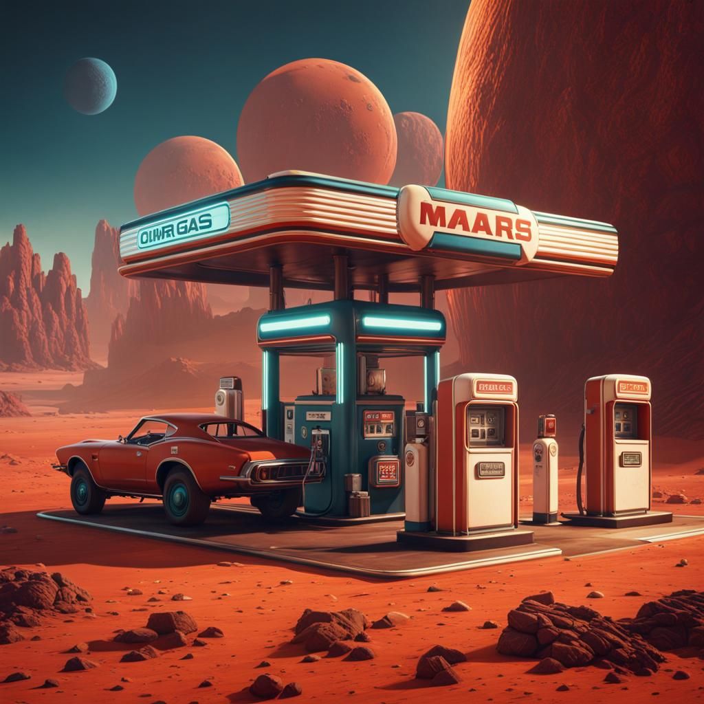 Retro Gas Station on Mars in Detailed Painting