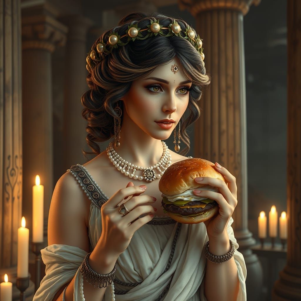 Greek Goddess Savoring Hamburger in Temple