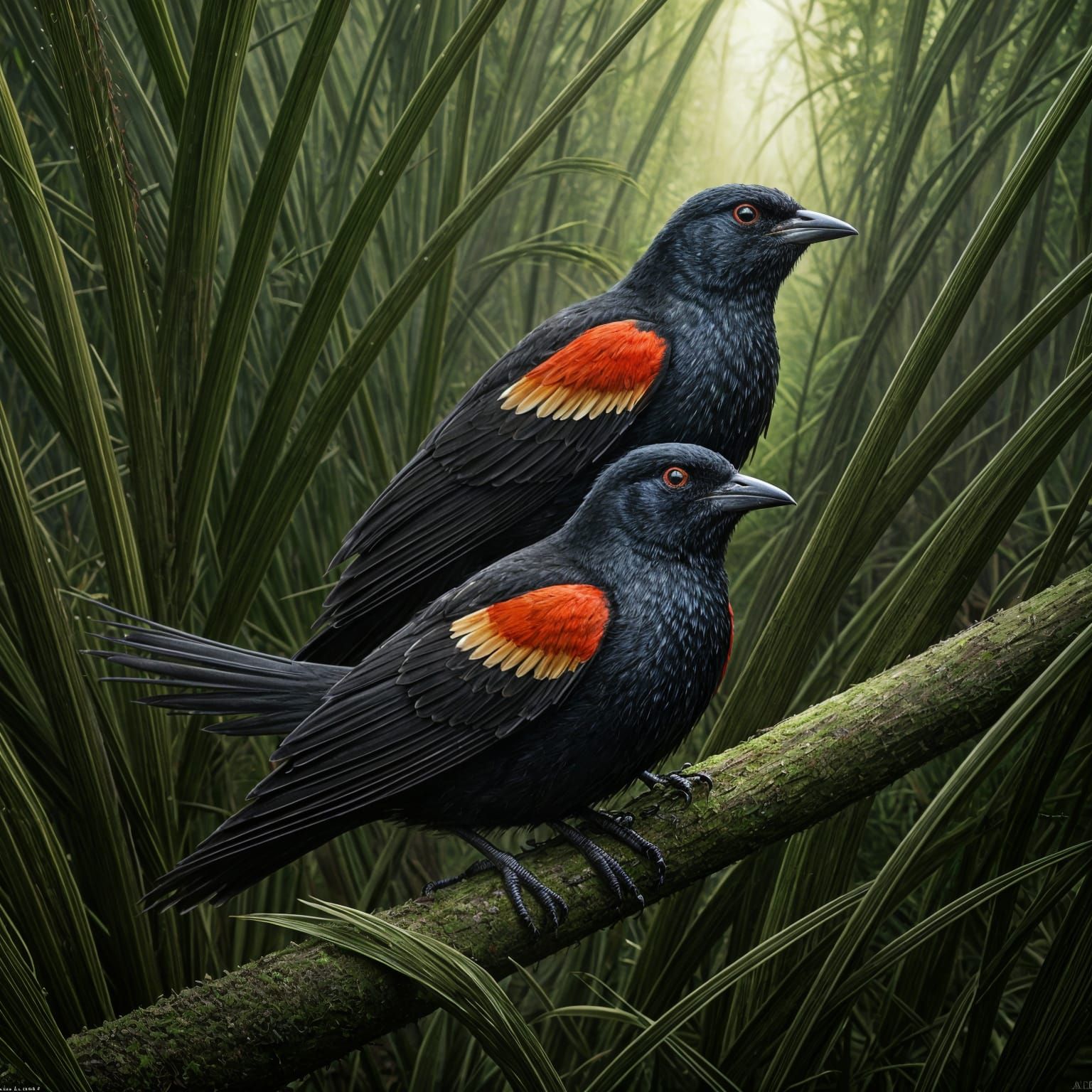 Red-Wing Blackbird Couple in Fantasy Swamp