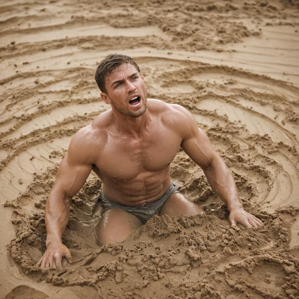 Muscular Man's Desperate Descent into Quicksand