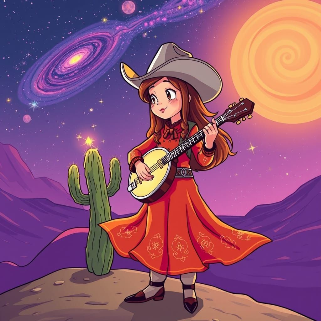 Cowgirl Serenades Space Cactus in Cartoon Style