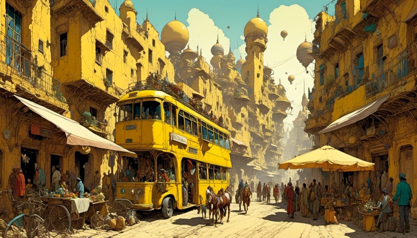 Esperanto Bus in Crowded Alley Concept Art