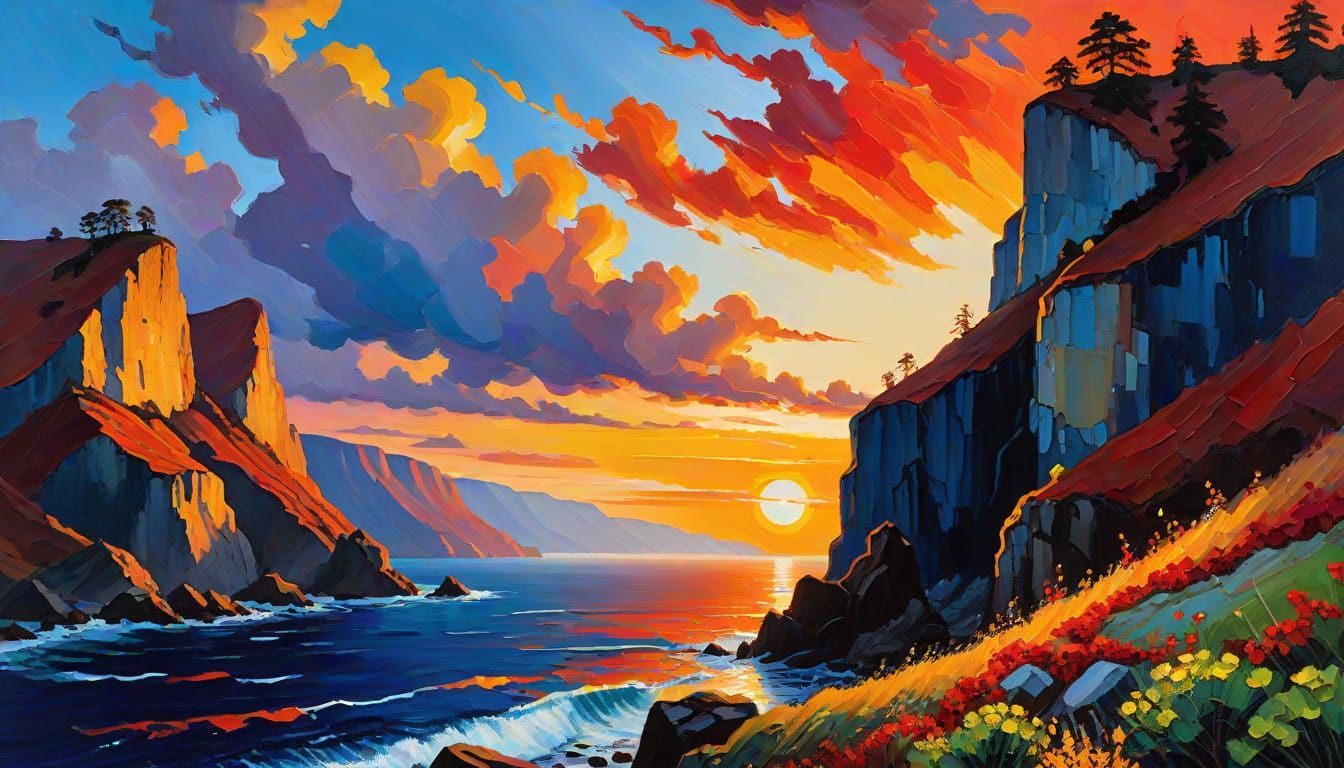 Neo-Impressionist Cliffside Sunset Oil Painting